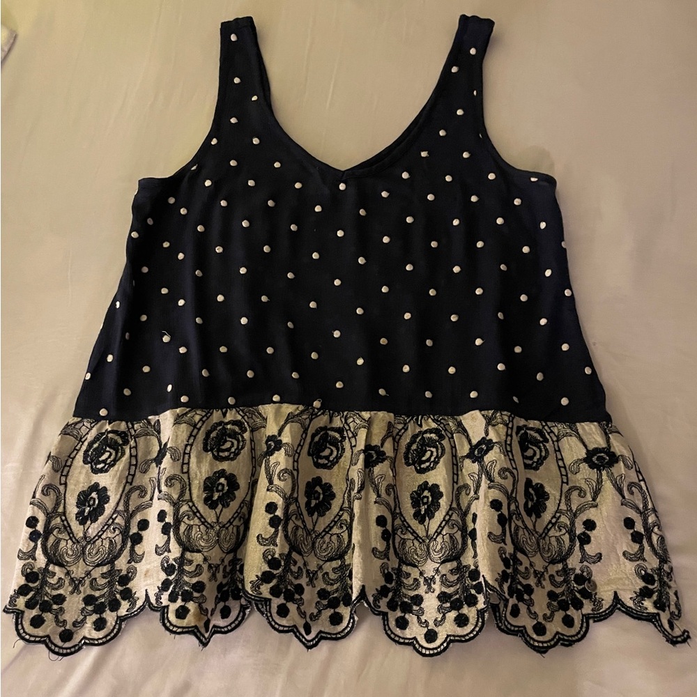Elegant Navy Blue  and White Polka Dot Lace Trim Top Size XS